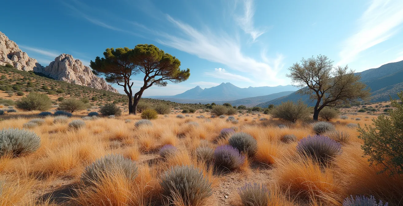 Paysage de garrigue méditerranéenne sous ciel d'été avec végétation sèche évoquant le risque incendie