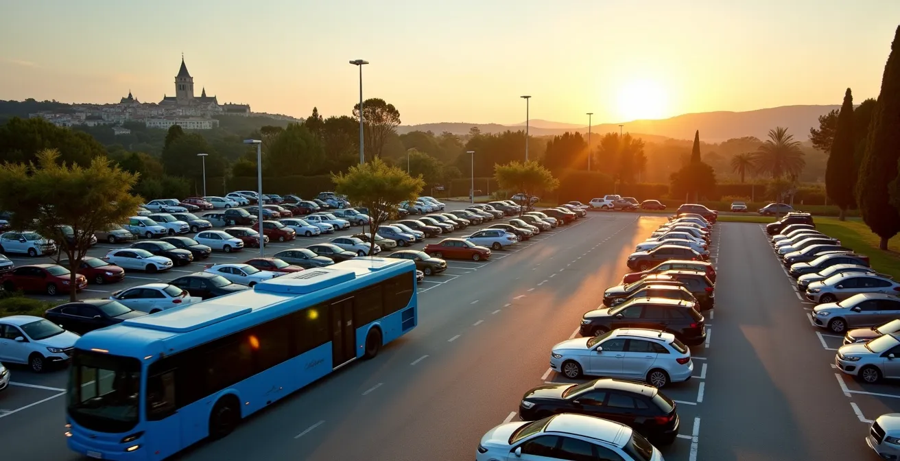 Vue aérienne d'un parking relais avec navette bus et centre-ville d'Aix en arrière-plan