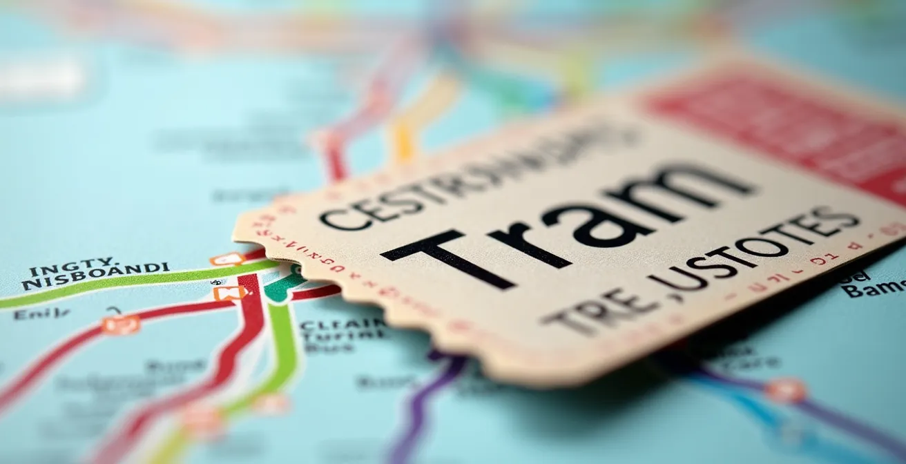Vue macro d'un ticket de transport posé sur une carte avec lignes de tram colorées