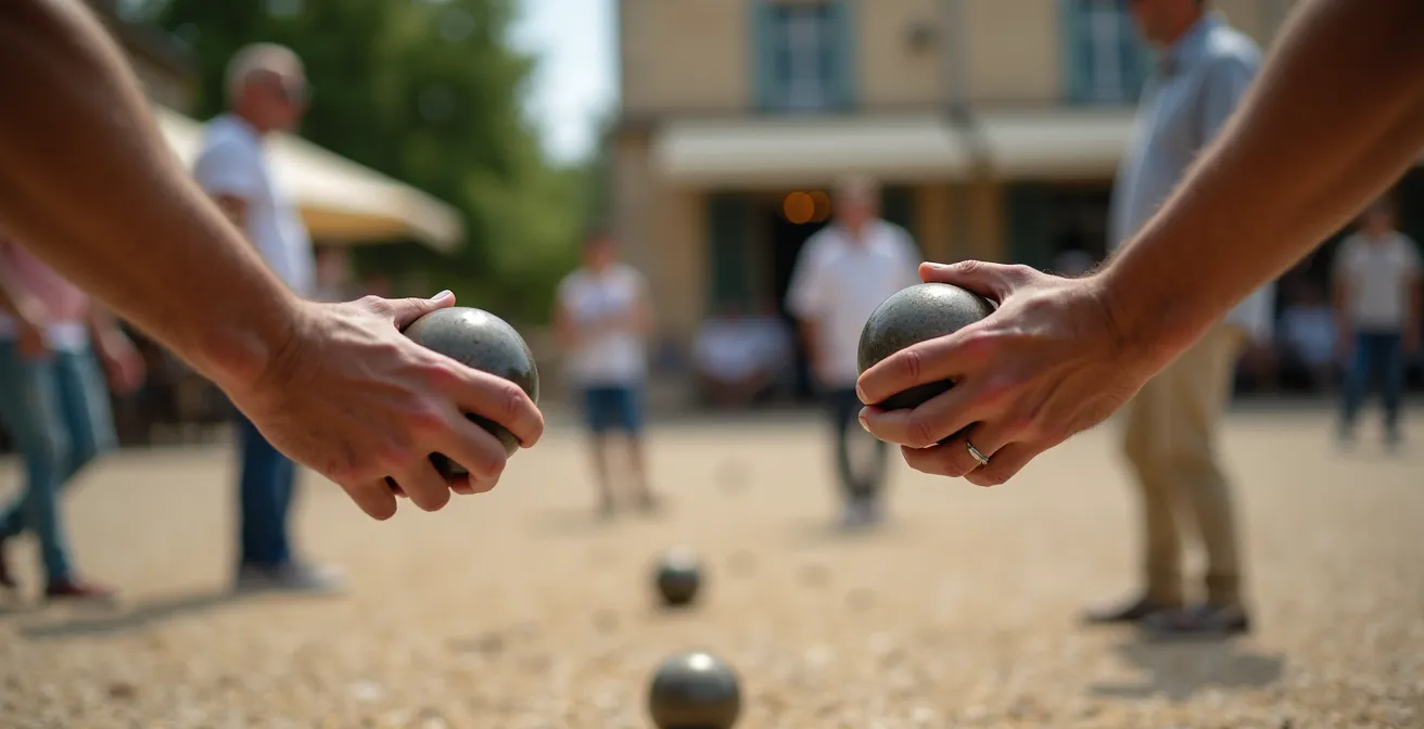 Partie de pétanque sur une place de village avec joueurs locaux et observateur discret
