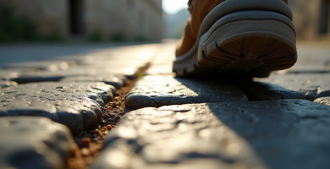 Gros plan sur des pavés anciens en calcaire poli avec reflets lumineux montrant la surface glissante