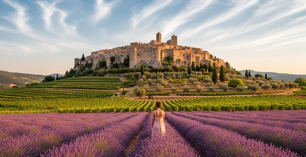 Paysage provençal avec village perché et champs méditerranéens en arrière-plan
