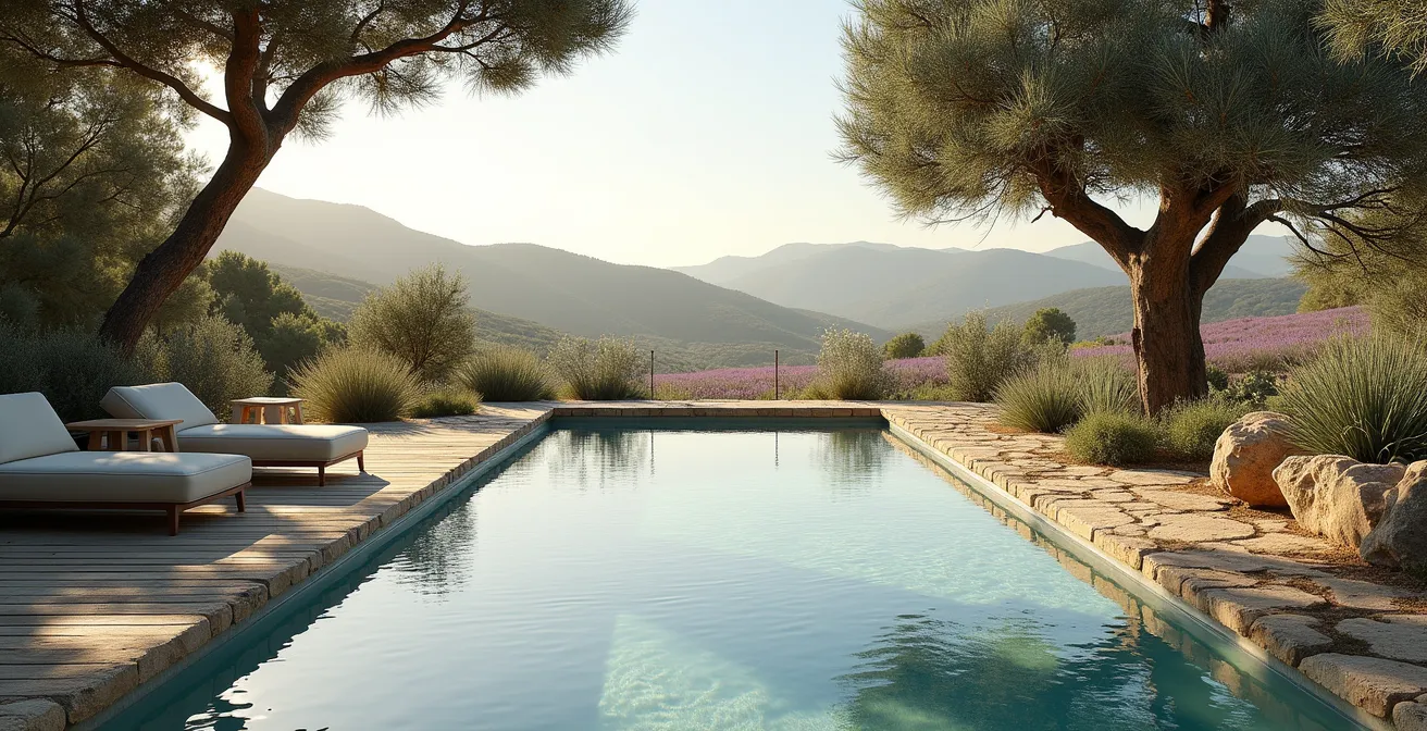 Piscine naturelle intégrée dans le paysage provençal avec terrasse en pierre locale