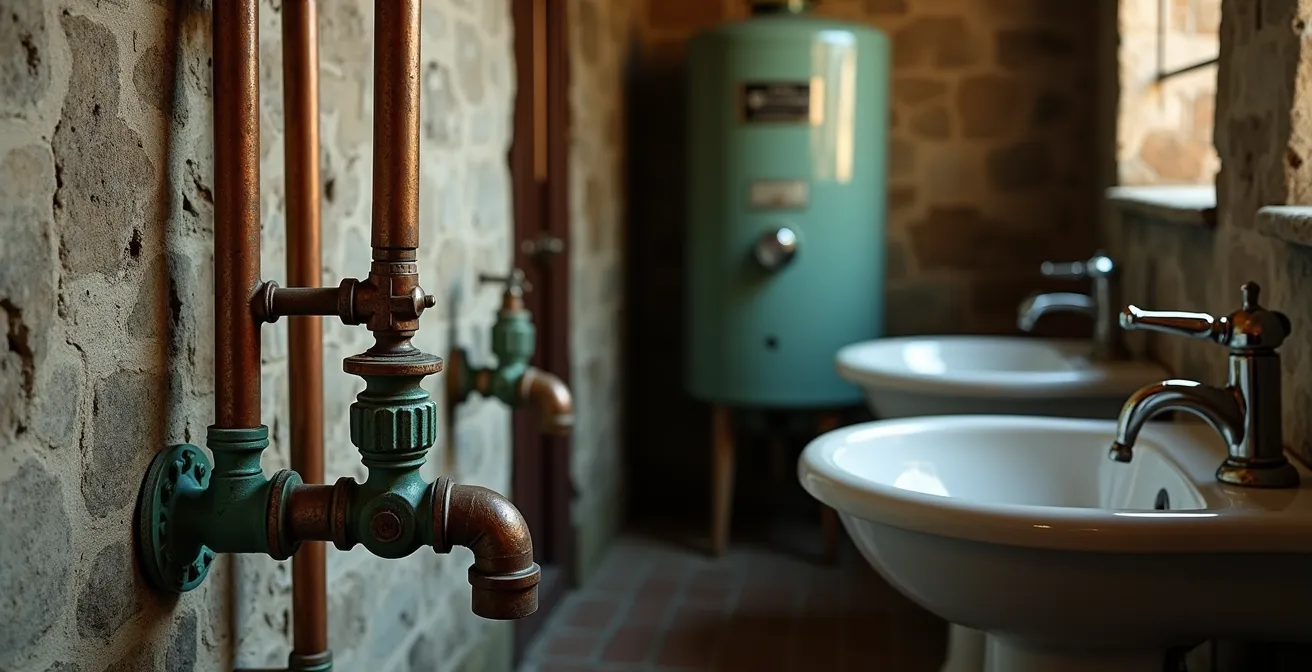 Installation de plomberie ancienne avec tuyaux en cuivre apparents dans une salle de bain rustique