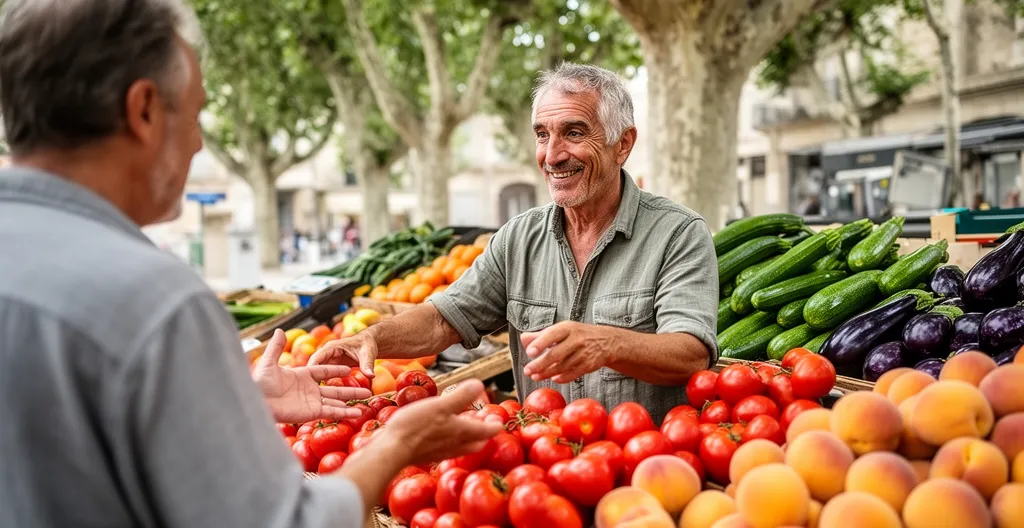 Producteur local derrière son étal de marché provençal en discussion avec un client