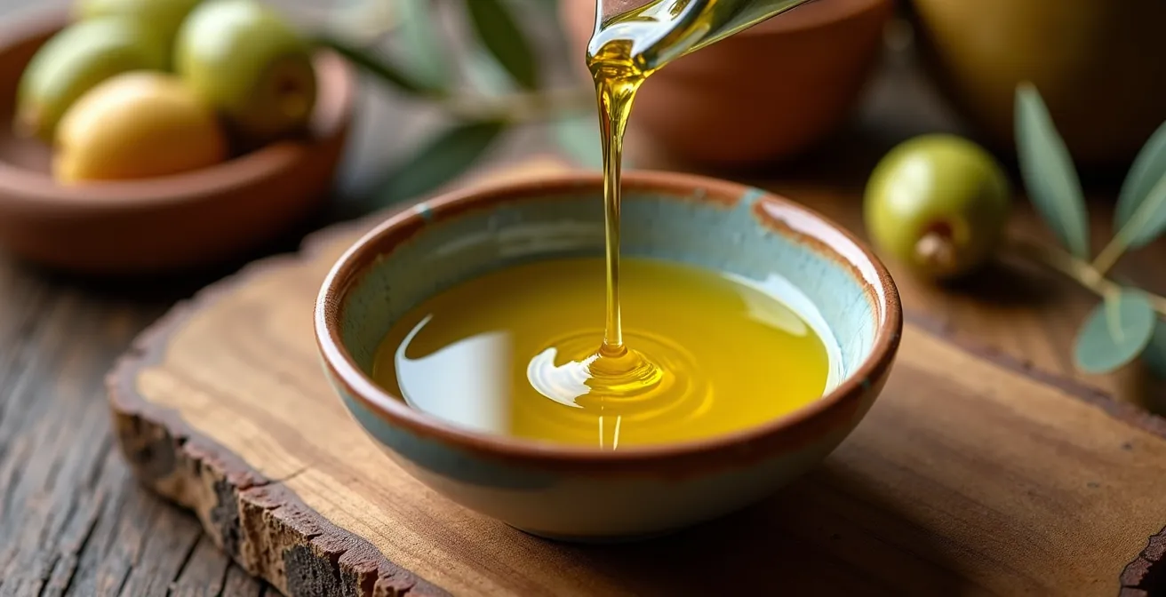 Mains versant de l'huile d'olive dorée dans une coupelle en céramique artisanale, olives fraîches floues en arrière-plan