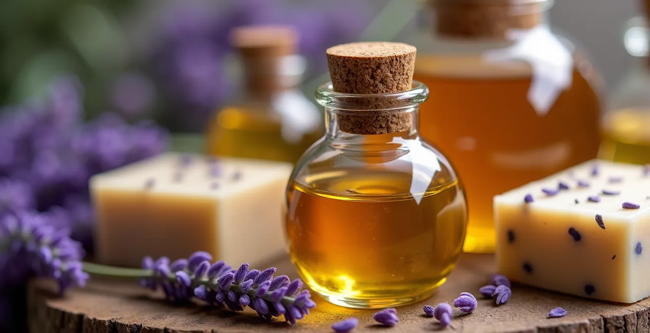 Arrangement artistique de produits monastiques incluant flacons d'huile essentielle de lavande, pots de miel et savons artisanaux
