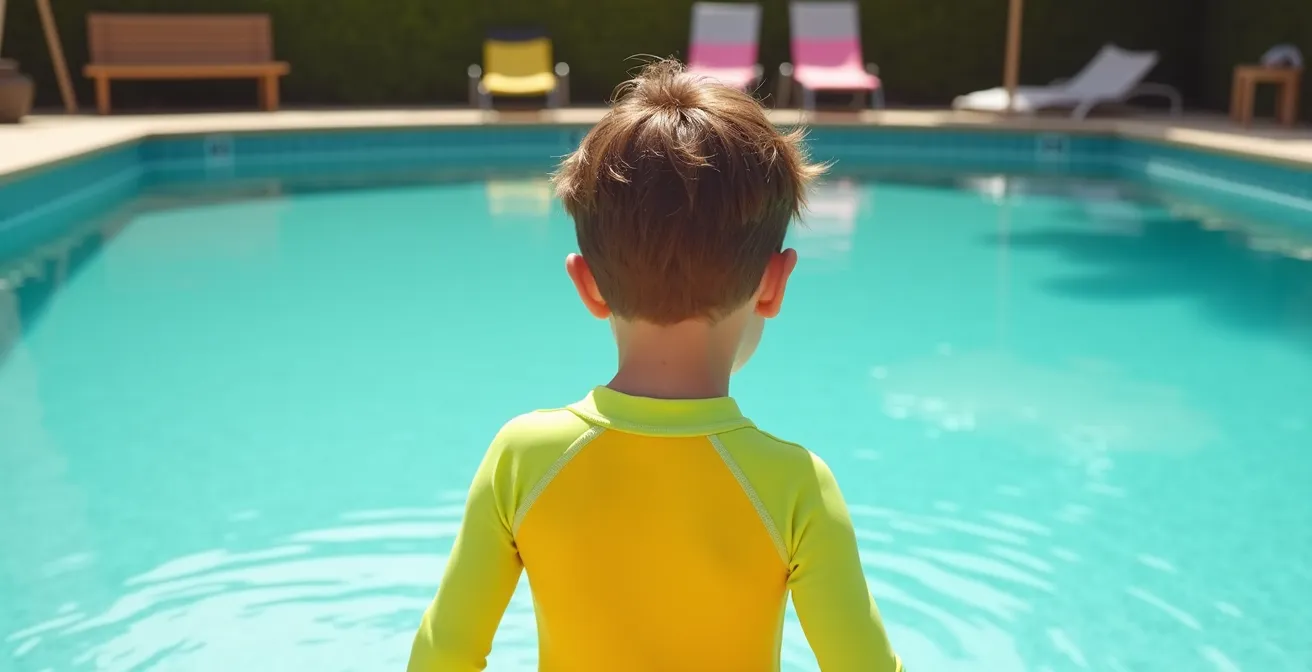 Enfant portant un t-shirt anti-UV coloré au bord d'une piscine de camping