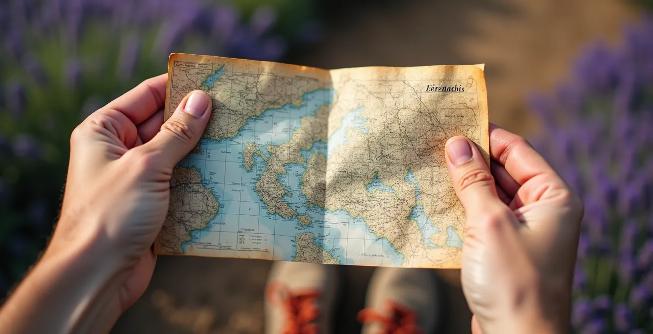 Randonneur consultant une carte papier sur un sentier du Luberon avec vue panoramique