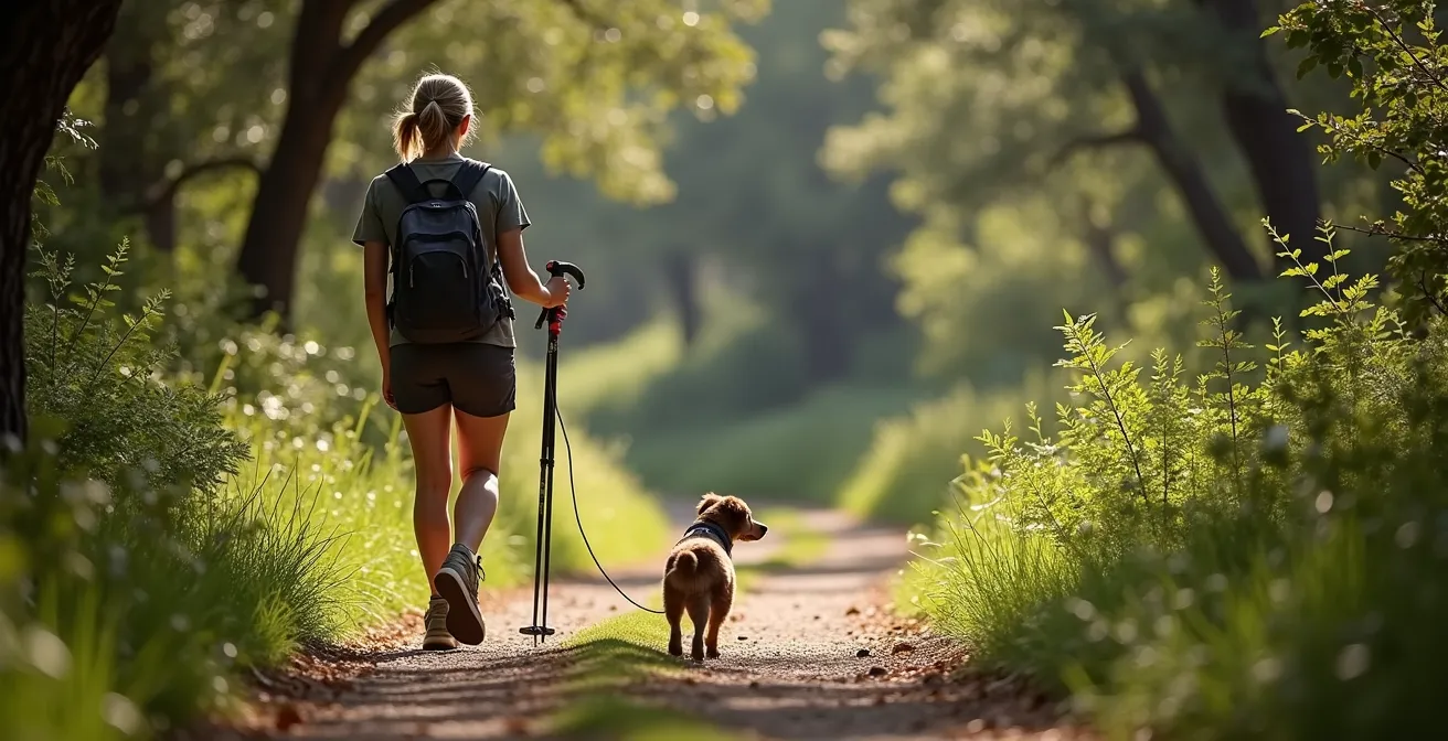 Randonneur calme sur sentier forestier gardant ses distances avec la faune sauvage