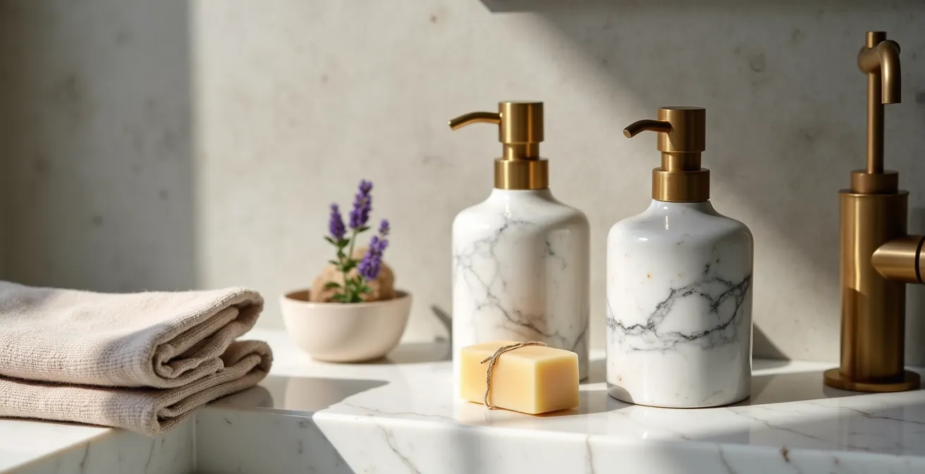 Salle de bain luxueuse avec distributeurs en marbre et produits artisanaux