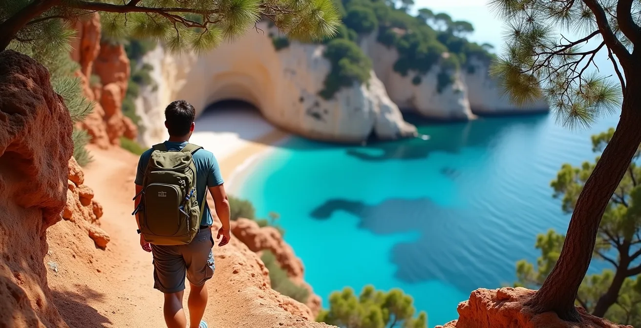 Randonneur sur sentier côtier rocheux surplombant une crique turquoise isolée