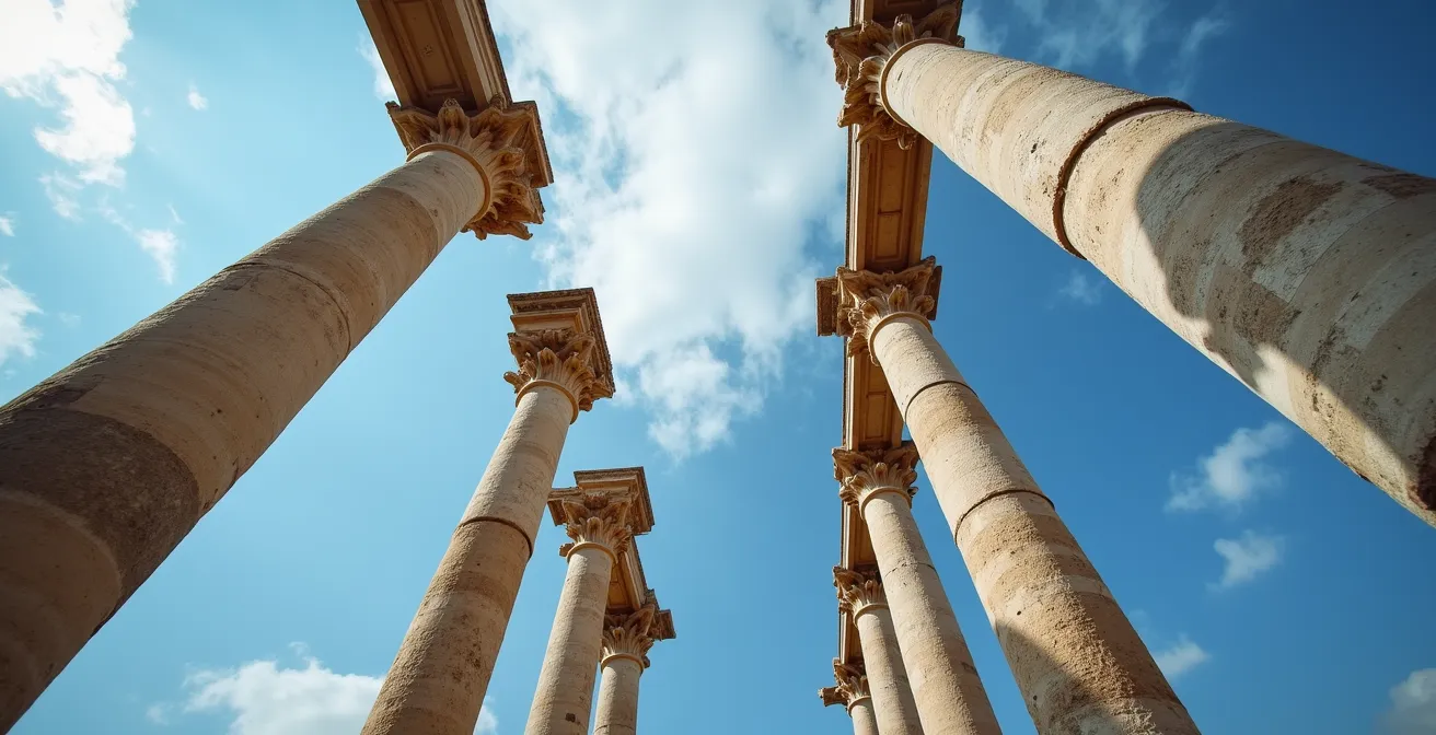 Vue en contre-plongée d'un monument antique photographié au ras du sol avec un grand-angle