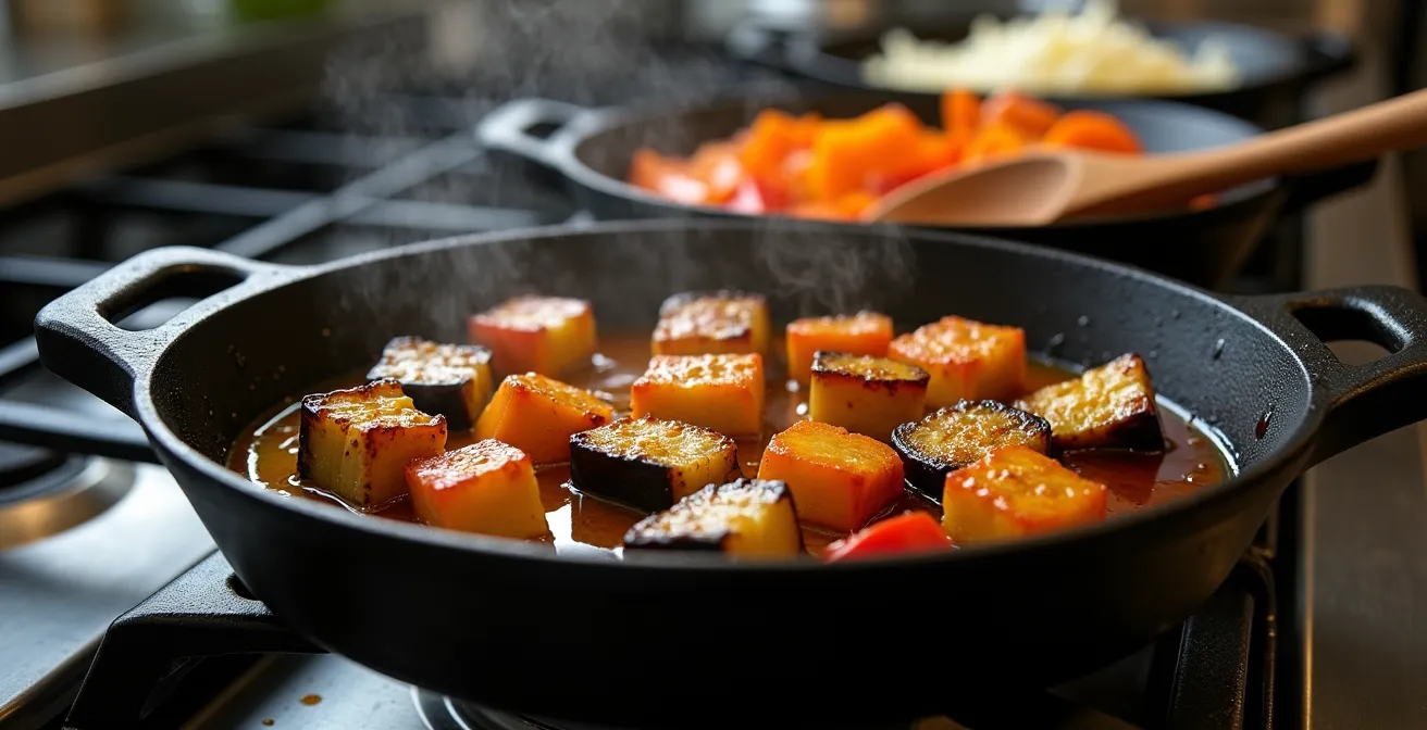 Démonstration visuelle de la cuisson séparée des légumes pour la ratatouille avec plusieurs poêles