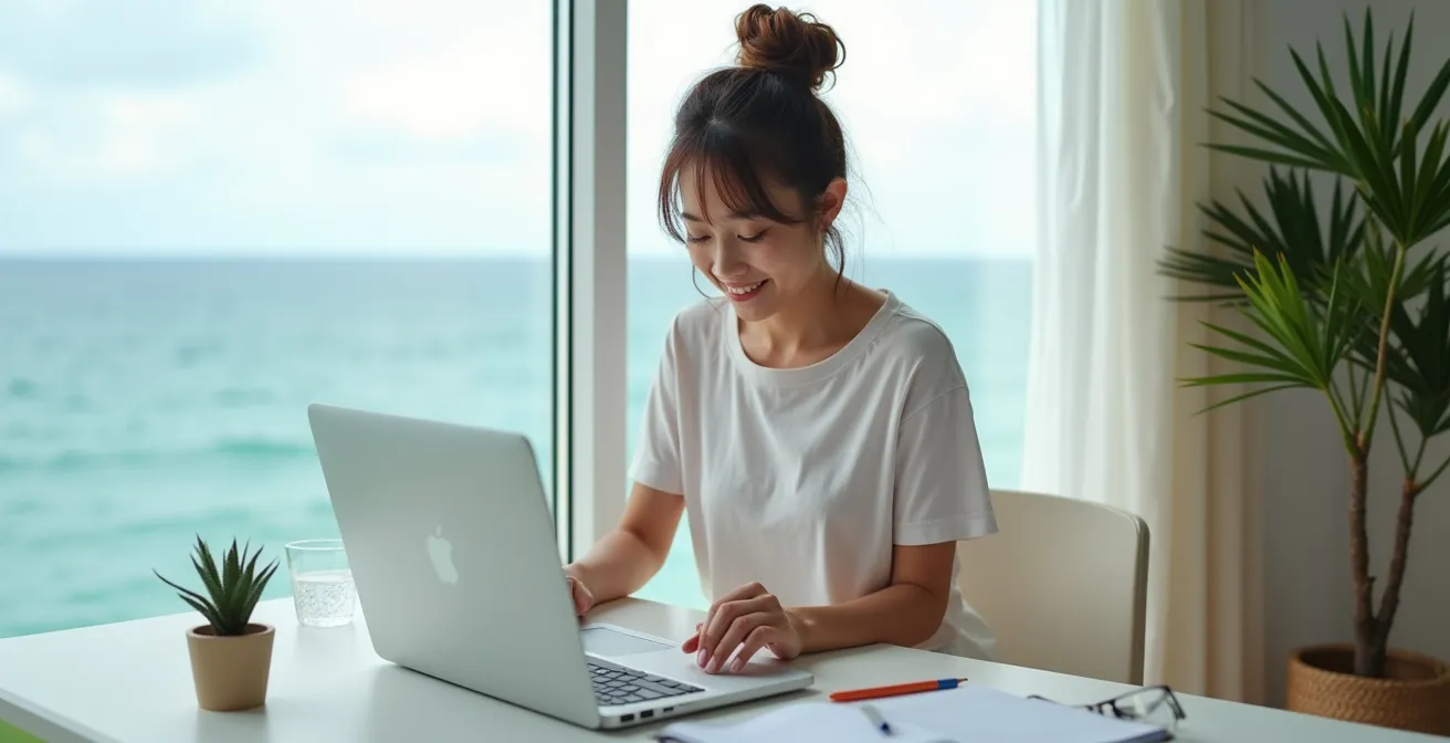 Personne en tenue décontractée organisant calmement son espace de travail avec vue sur la mer en arrière-plan