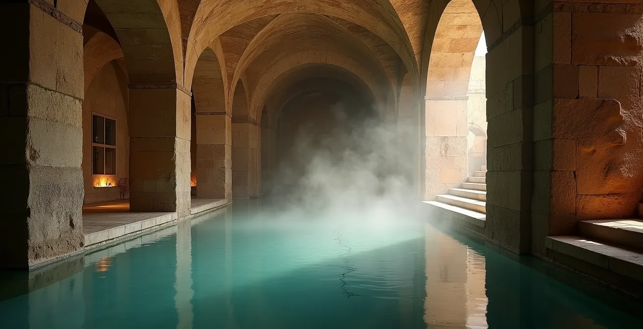 Piscine voûtée romaine antique des Thermes Sextius éclairée en clair-obscur