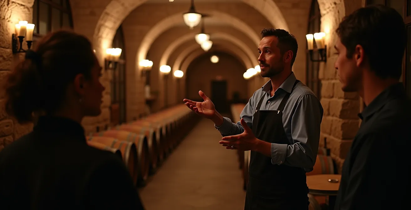 Vigneron passionné expliquant son terroir à des visiteurs attentifs dans une cave voûtée