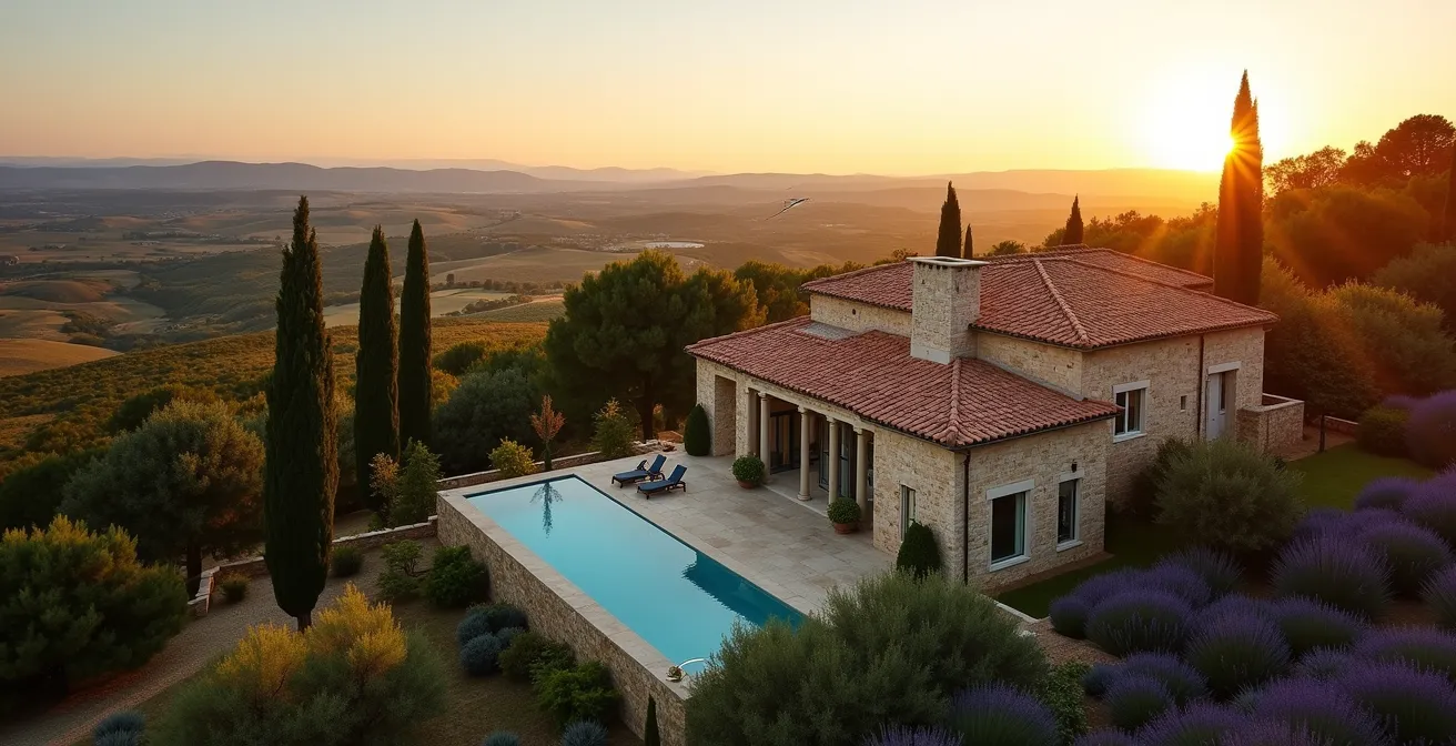 Vue aérienne d'une villa de luxe provençale avec piscine à débordement et jardins