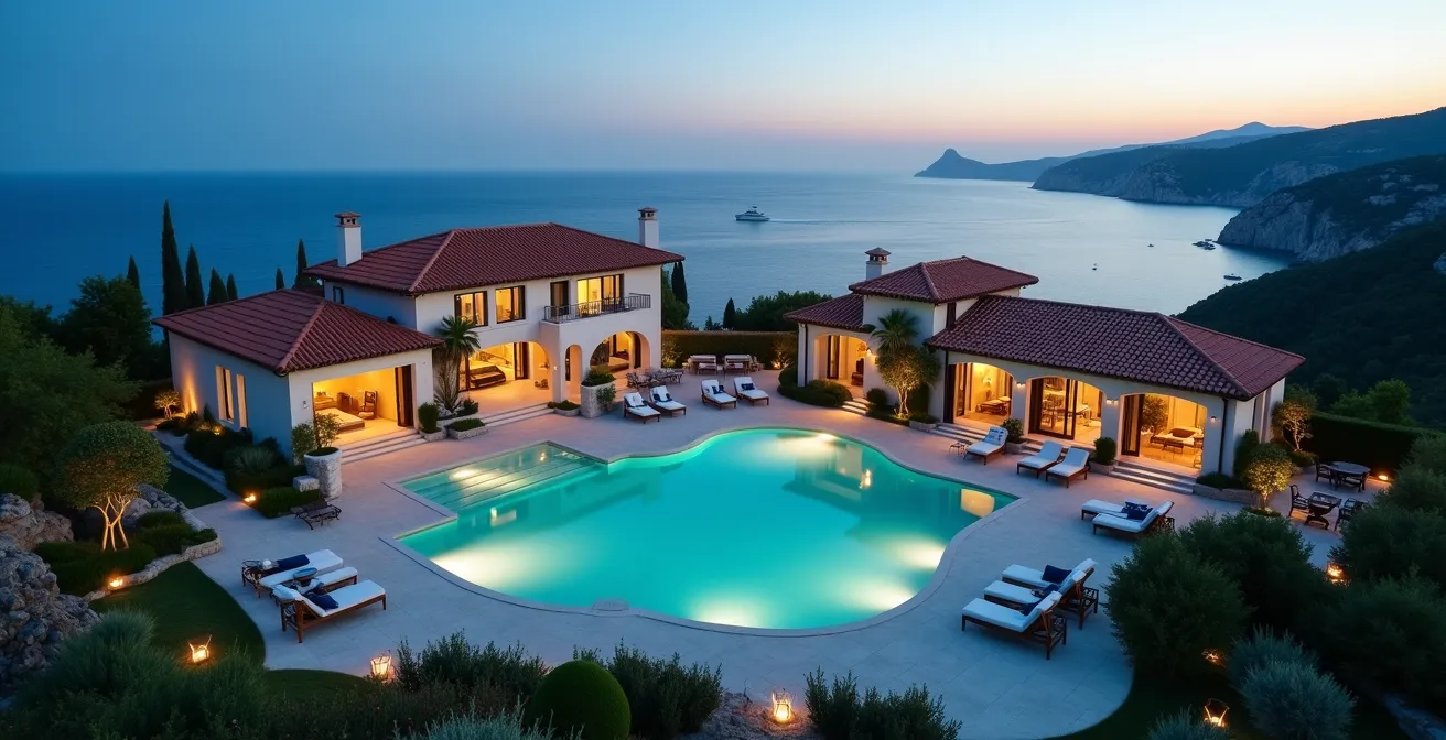 Vue aérienne d'une propriété de prestige avec piscine à débordement et jardins méditerranéens