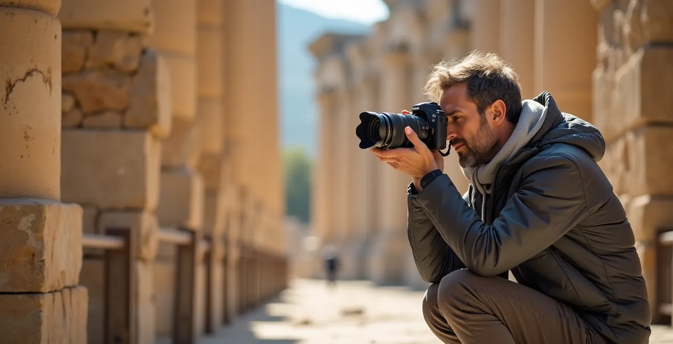 Photographe respectueux captant les ruines antiques à distance sans contact avec les structures