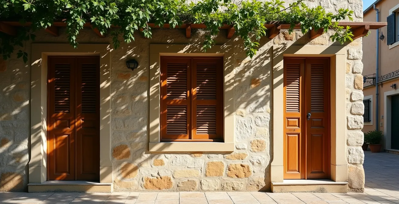 Façade de maison en pierre avec volets en bois fermés créant des jeux d'ombres, pergola végétalisée