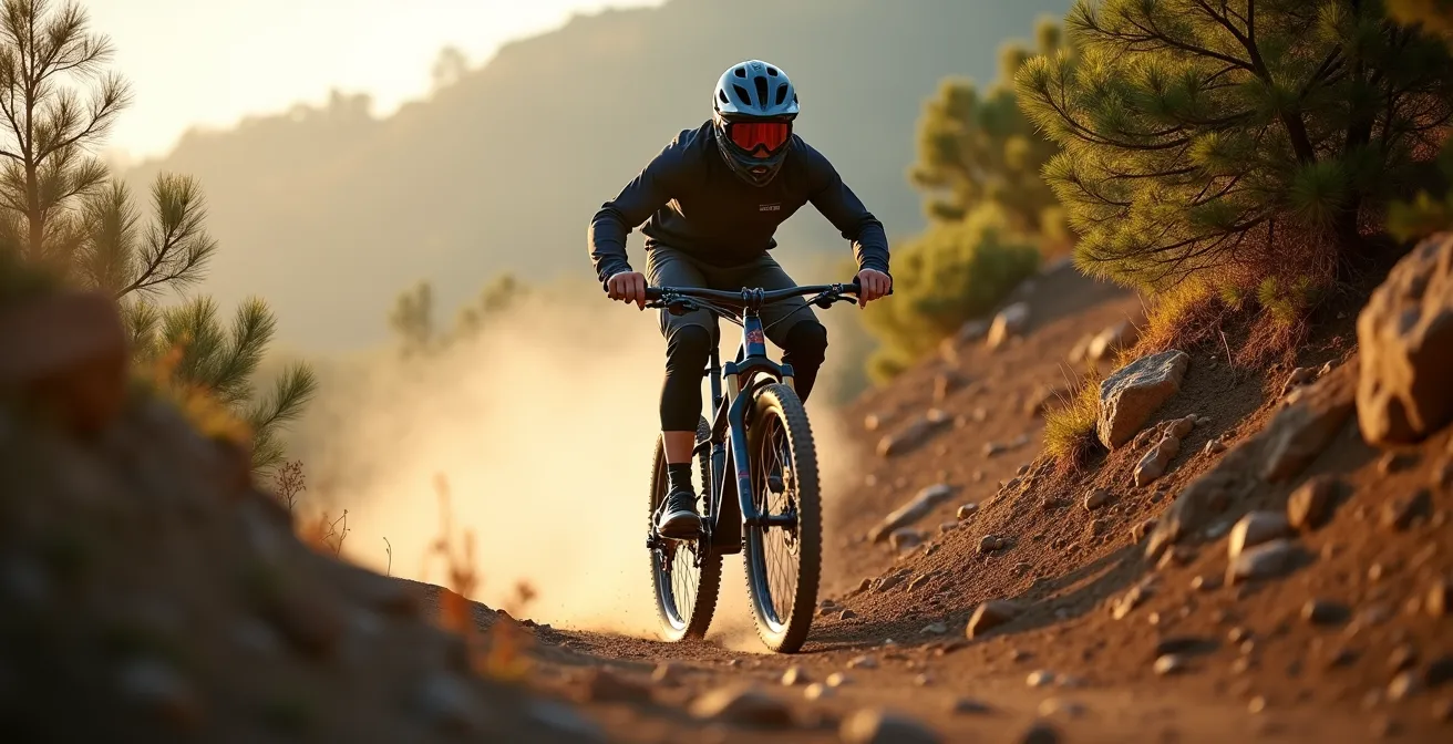 Cycliste négociant un virage en épingle serré sur sentier de montagne avec vue plongeante