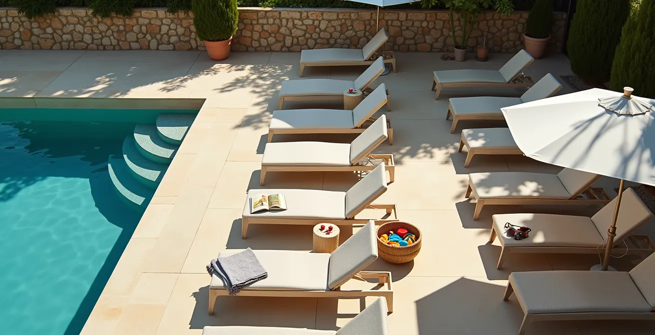 Organisation spatiale des transats autour d'une piscine de gîte